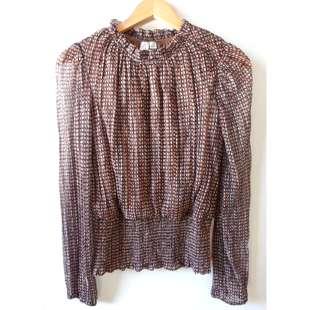 Joie Top Womens Large Brown Sheer Metallic Smocked Forest Fairy Peasant Blouse